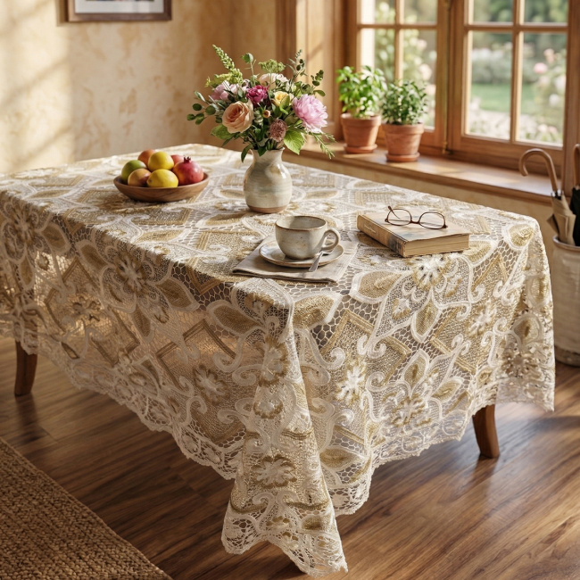 Toalha de Mesa Retangular Filigrana Floral 2,20m x 1,50m Detalhes em Guipir 6 Lugares - Flor de Lótus