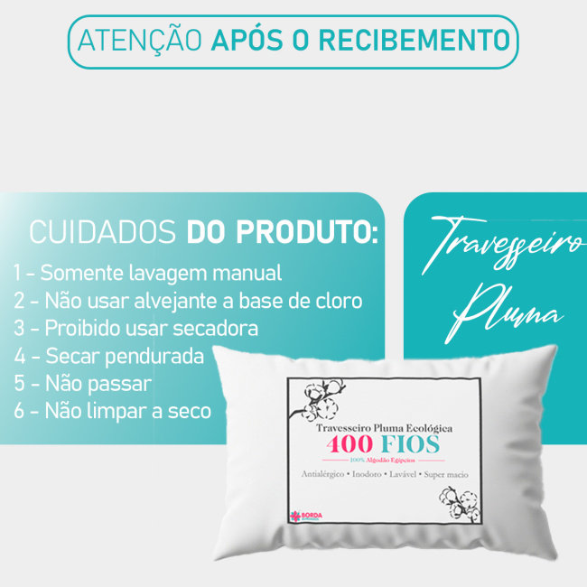 Travesseiro Pluma Ecológica 400 Fios Egípcios 90cm x 50cm Antialérgico - Branco