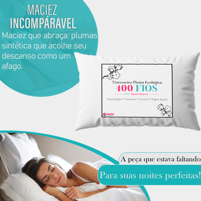Travesseiro Pluma Ecológica 400 Fios Egípcios 90cm x 50cm Antialérgico - Branco
