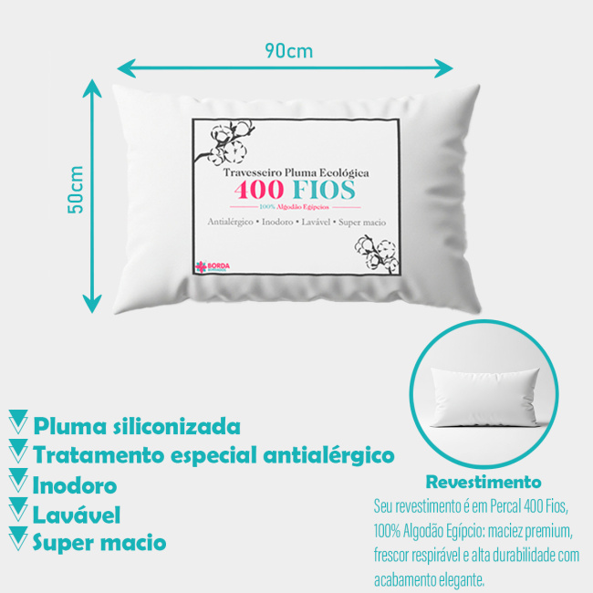 Travesseiro Pluma Ecológica 400 Fios Egípcios 90cm x 50cm Antialérgico - Branco