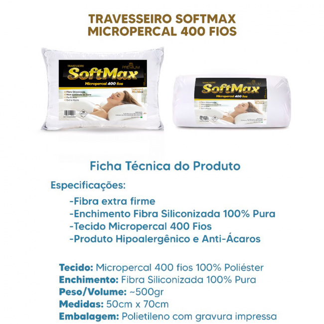 Travesseiro Softmax Micropercal 400 Fios 70cm x 50cm 02 Peças