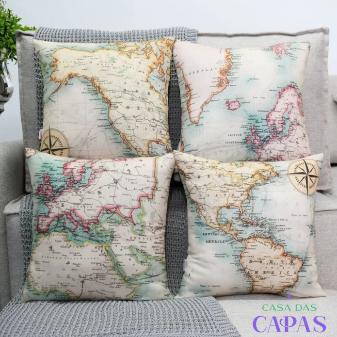 Kit 4 Capas de Almofada -Mapa Múndi