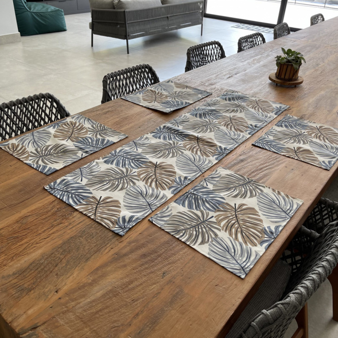 Kit 4 Jogo Americano Jacquard Imp. +Caminho de Mesa- Folhagem Azul