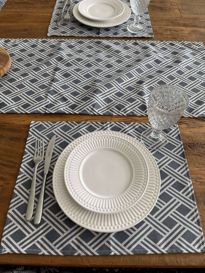 Kit 4 Jogo Americano Jacquard Imp. +Caminho de Mesa- Tressê Azul