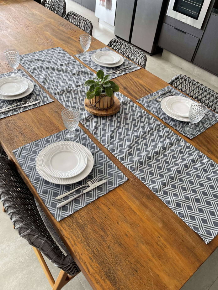 Kit 4 Jogo Americano Jacquard Imp. +Caminho de Mesa- Tressê Azul