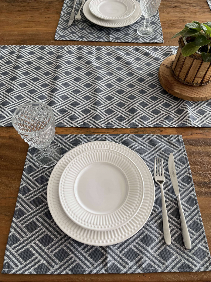 Kit 6 Jogo Americano Jacquard Imp+Caminho de Mesa- Tressê Azul