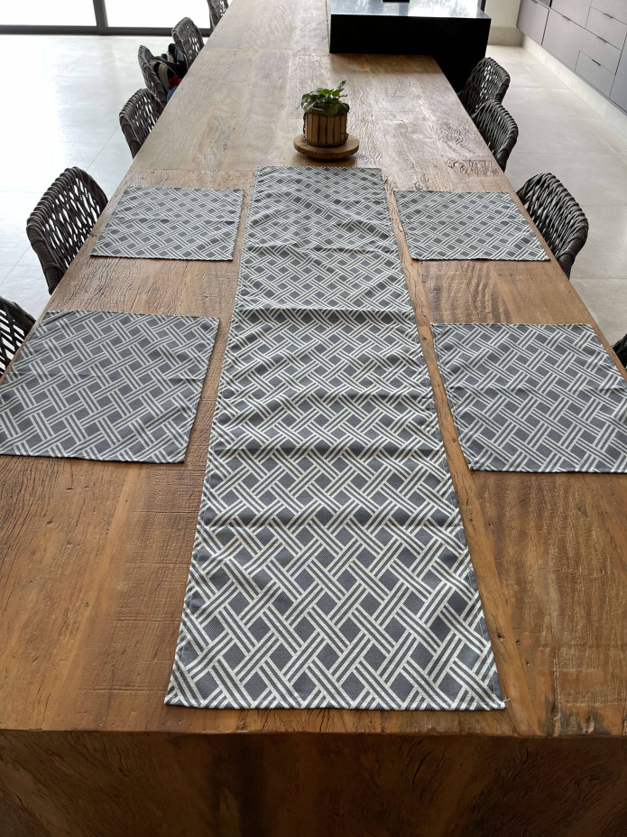 Kit 6 Jogo Americano Jacquard Imp+Caminho de Mesa- Tressê Azul