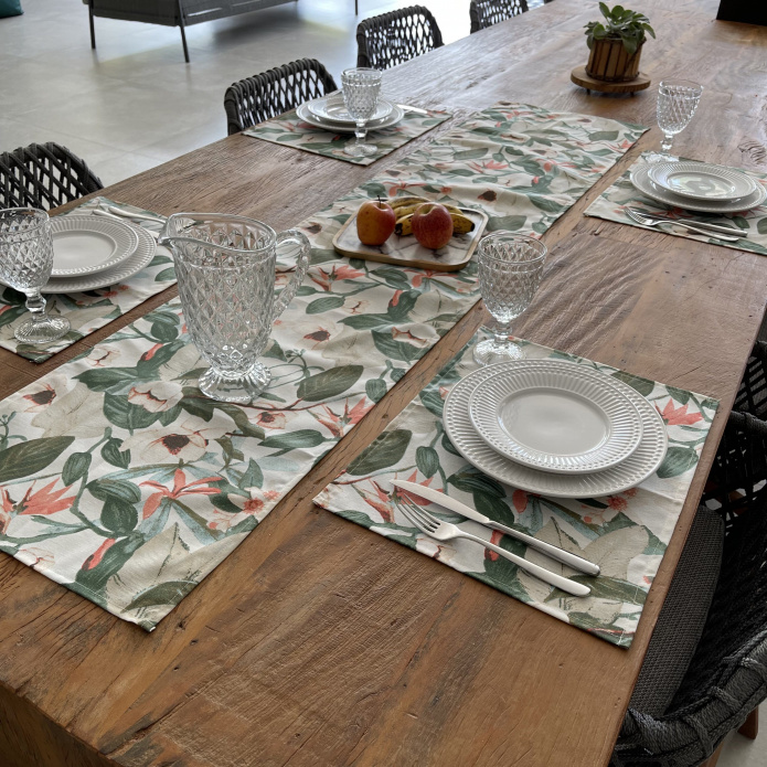 Kit 8 Jogo Americano Jacquard Imp +Caminho de Mesa- Floral Bege