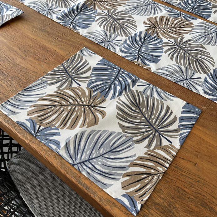 Kit 8 Jogo Americano Jacquard Imp +Caminho de Mesa- Folhagem Azul