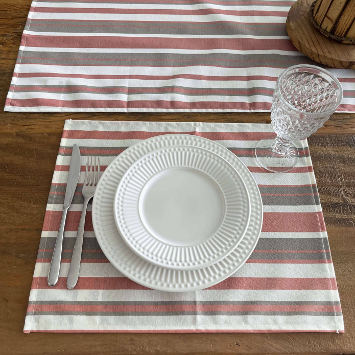 Kit 8 Jogo Americano Jacquard Imp +Caminho de Mesa- Listra Rosa