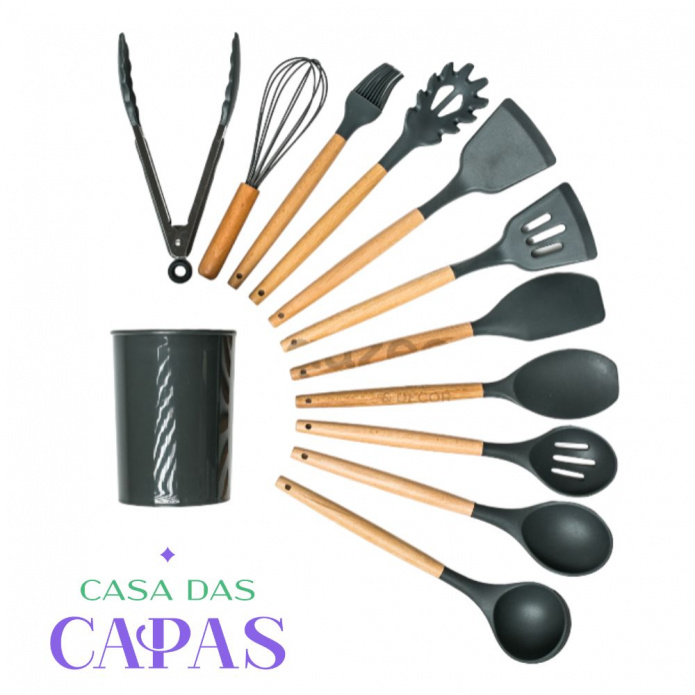 Kit de Utensílios de Cozinha em silicone/madeira 12 Pçs - Várias Cores