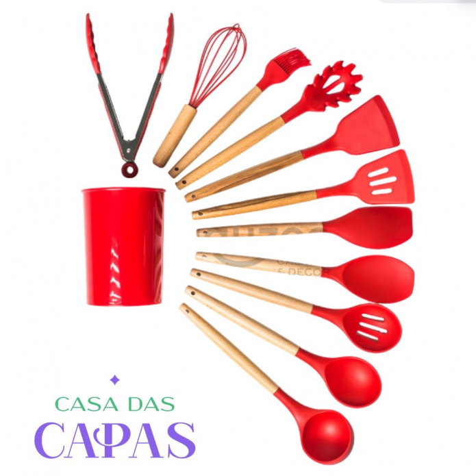Kit de Utensílios de Cozinha em silicone/madeira 12 Pçs - Várias Cores