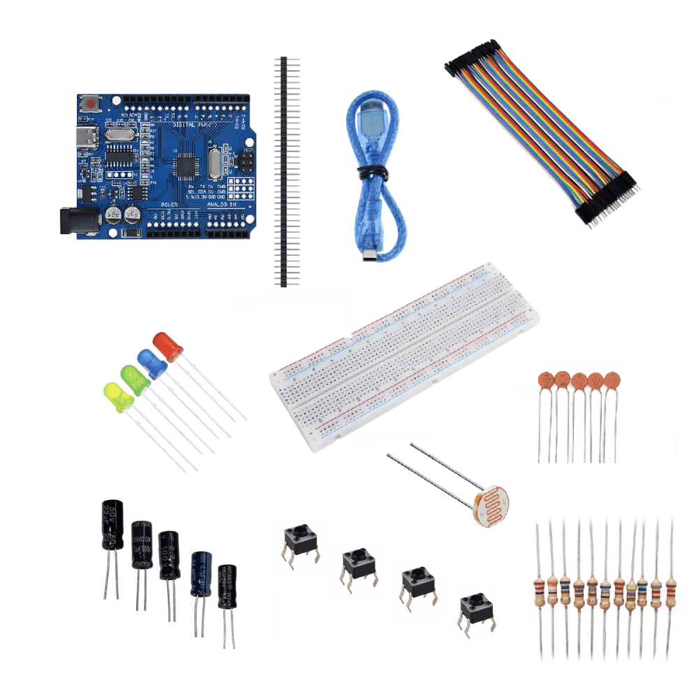 Uno R3 Component List Kit Uno R3 com Protoboard e Componentes - Cerne Componentes Eletronicos