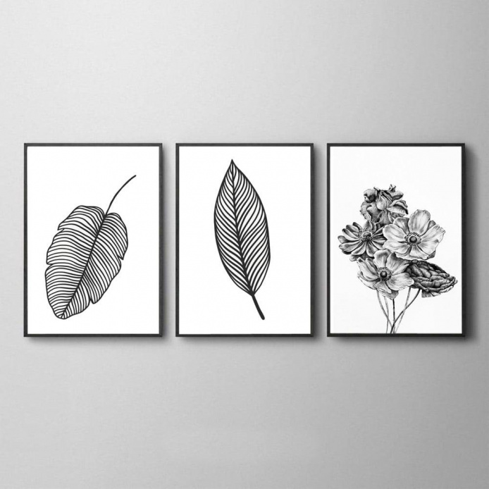 Quadro Decorativo - Folhas Preto e Branco 3 Peças
