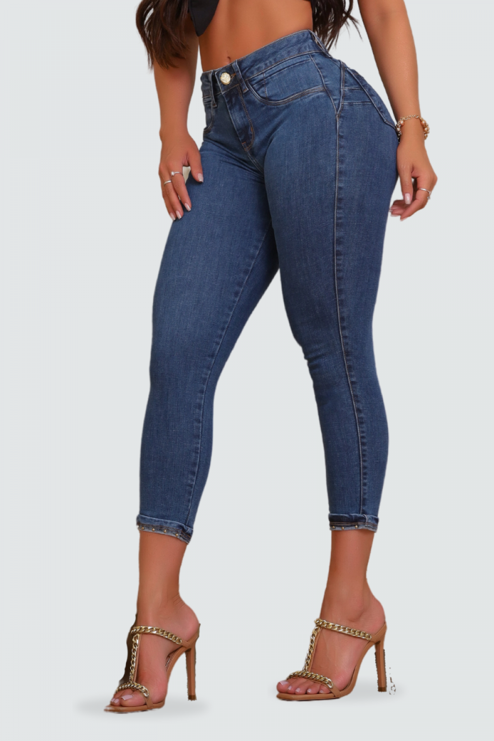 Calça Feminina Jeans Capri Modeladora Cintural Alta Escura no Shoptime