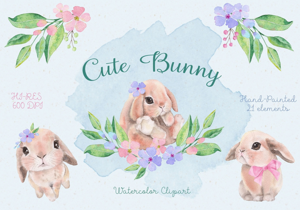 Arquivo Kit Digital - Cute Bunny Watercolor Clipart - Clubinho do PDF