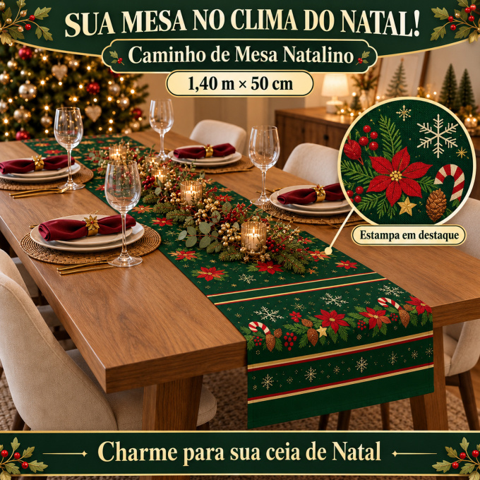 Caminho de Mesa Natalino 1,40m x 50cm Papai Noel Xadrez Decoração de Natal - Estrela do Oriente
