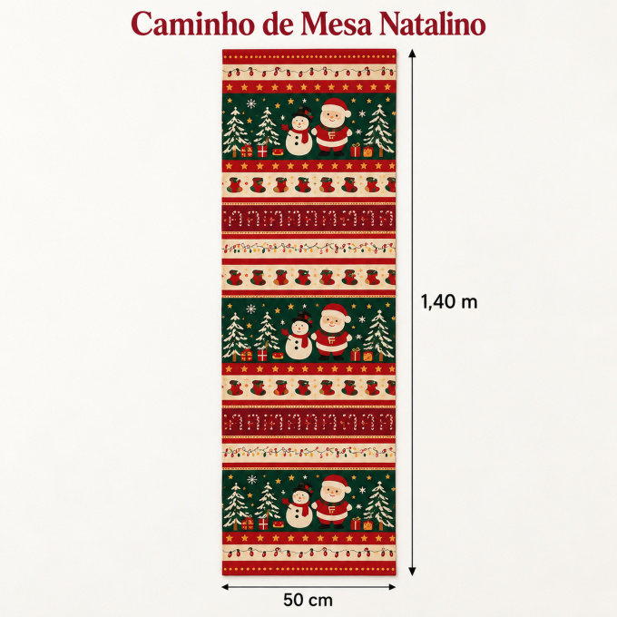 Caminho de Mesa Natalino 1,40m x 50cm Papai Noel Xadrez Decoração de Natal - Inverno de Natal