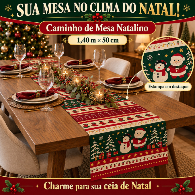 Caminho de Mesa Natalino 1,40m x 50cm Papai Noel Xadrez Decoração de Natal - Inverno de Natal