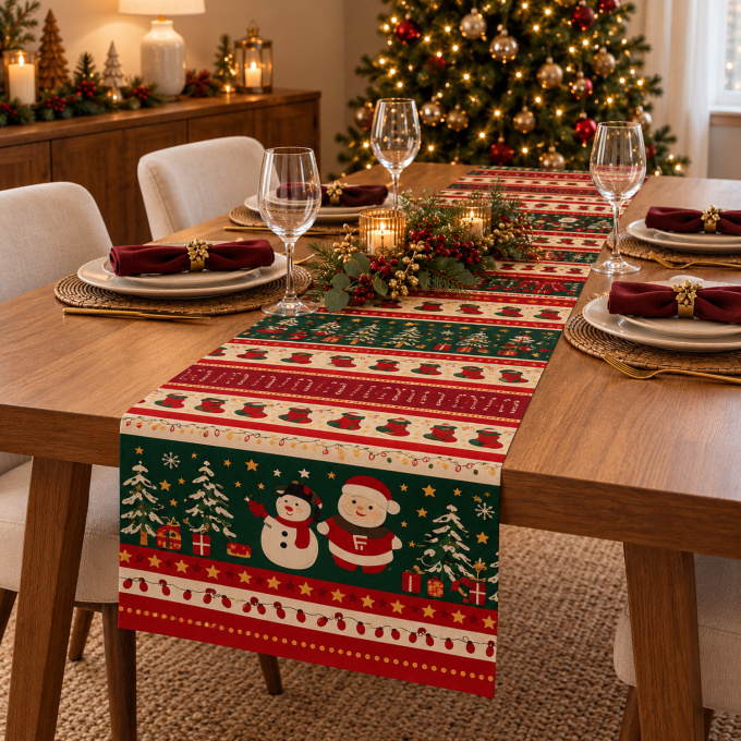 Caminho de Mesa Natalino 1,40m x 50cm Papai Noel Xadrez Decoração de Natal - Inverno de Natal