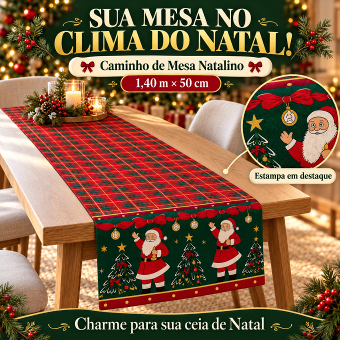 Caminho de Mesa Natalino 1,40m x 50cm Papai Noel Xadrez Decoração de Natal - Magia Natalina