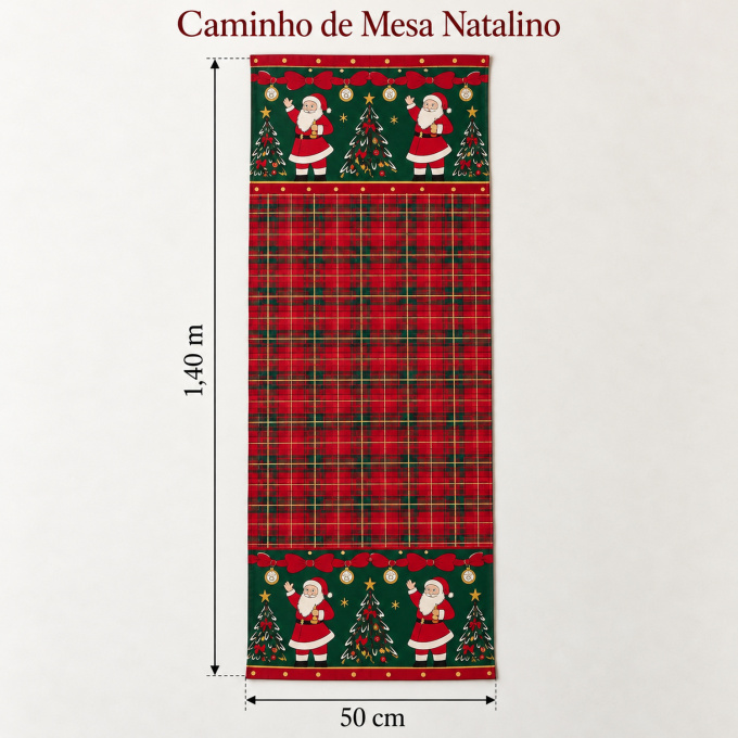Caminho de Mesa Natalino 1,40m x 50cm Papai Noel Xadrez Decoração de Natal - Magia Natalina