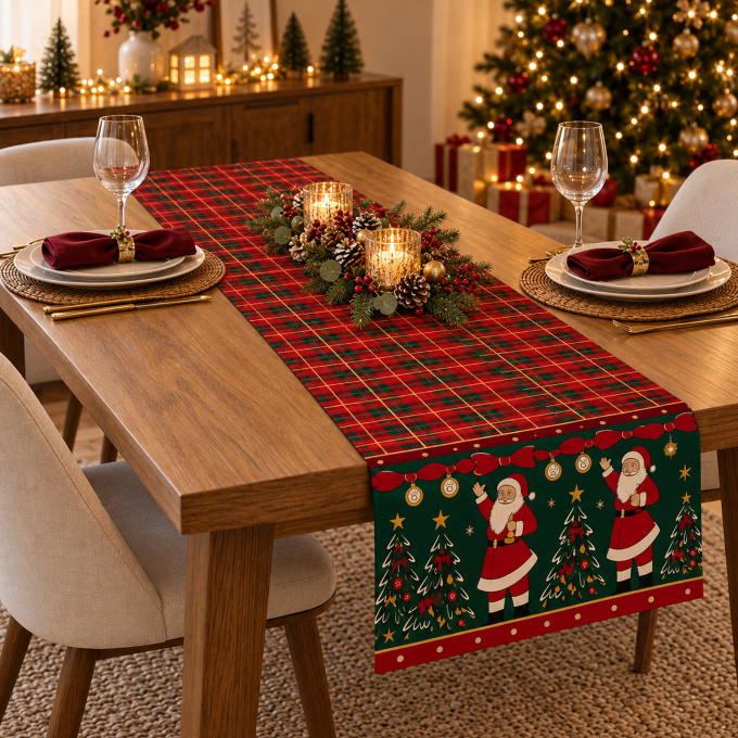 Caminho de Mesa Natalino 1,40m x 50cm Papai Noel Xadrez Decoração de Natal - Magia Natalina