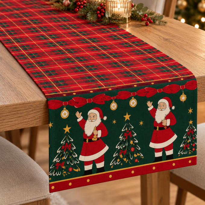 Caminho de Mesa Natalino 1,40m x 50cm Papai Noel Xadrez Decoração de Natal - Magia Natalina