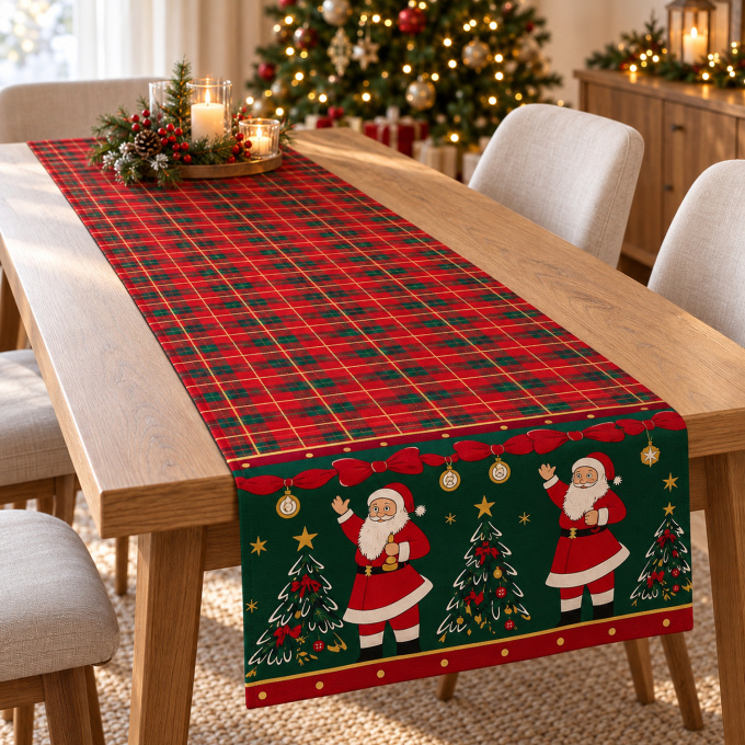 Caminho de Mesa Natalino 1,40m x 50cm Papai Noel Xadrez Decoração de Natal - Magia Natalina