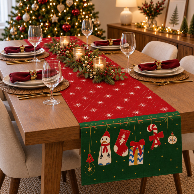 Caminho de Mesa Natalino 1,40m x 50cm Papai Noel Xadrez Decoração de Natal - Pinguins Natalinos