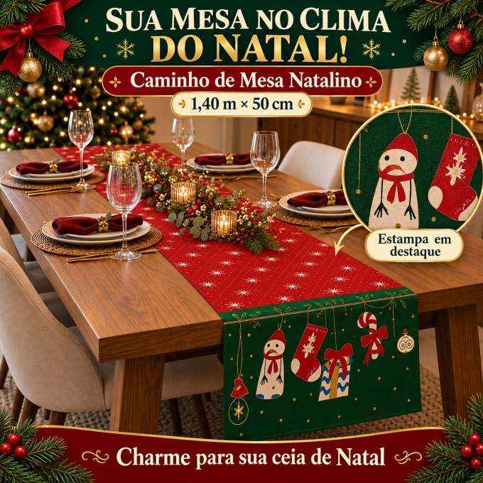 Caminho de Mesa Natalino 1,40m x 50cm Papai Noel Xadrez Decoração de Natal - Pinguins Natalinos