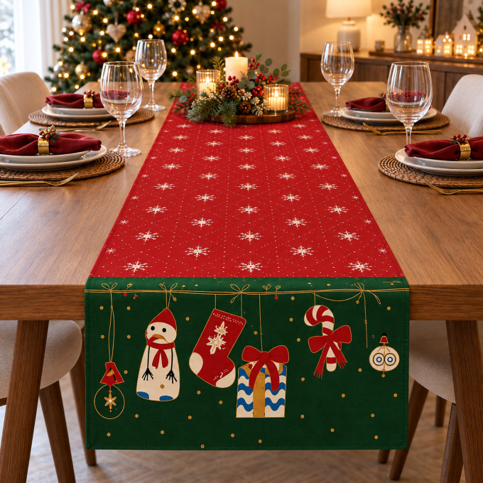 Caminho de Mesa Natalino 1,40m x 50cm Papai Noel Xadrez Decoração de Natal - Pinguins Natalinos