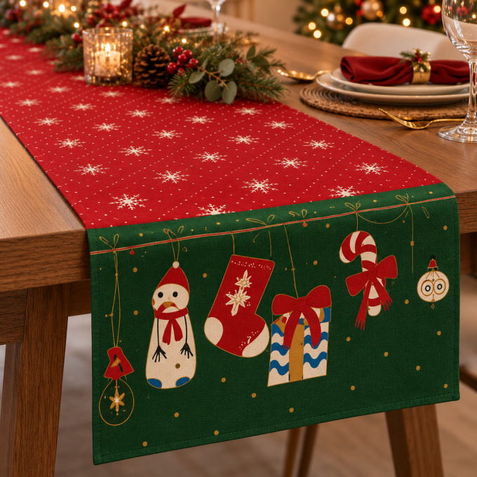 Caminho de Mesa Natalino 1,40m x 50cm Papai Noel Xadrez Decoração de Natal - Pinguins Natalinos