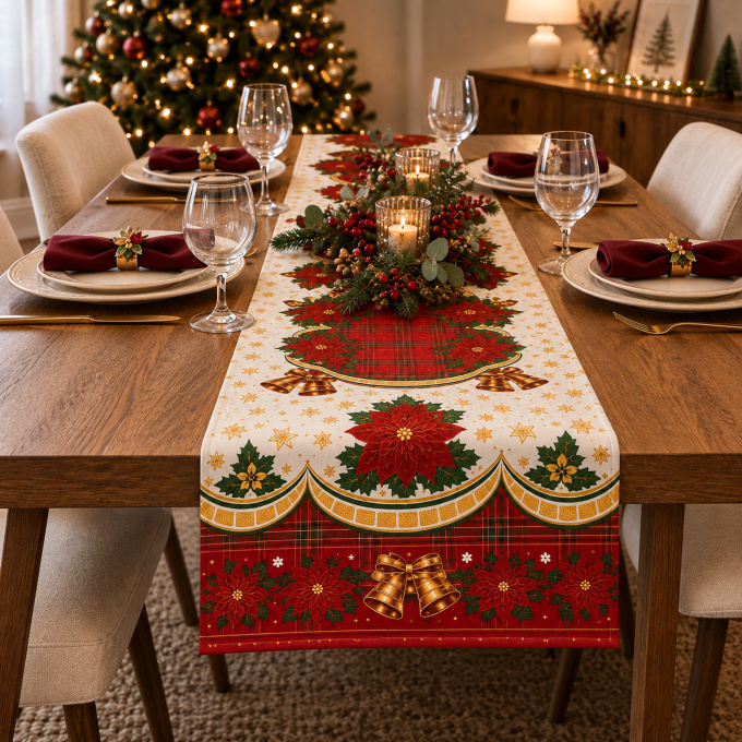 Caminho de Mesa Natalino 1,40m x 50cm Papai Noel Xadrez Decoração de Natal - Sinos Encantados