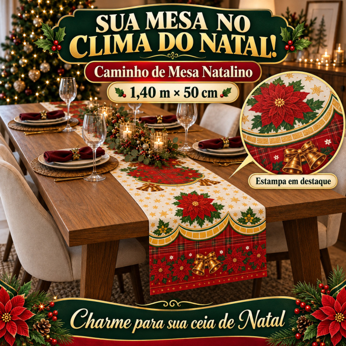 Caminho de Mesa Natalino 1,40m x 50cm Papai Noel Xadrez Decoração de Natal - Sinos Encantados