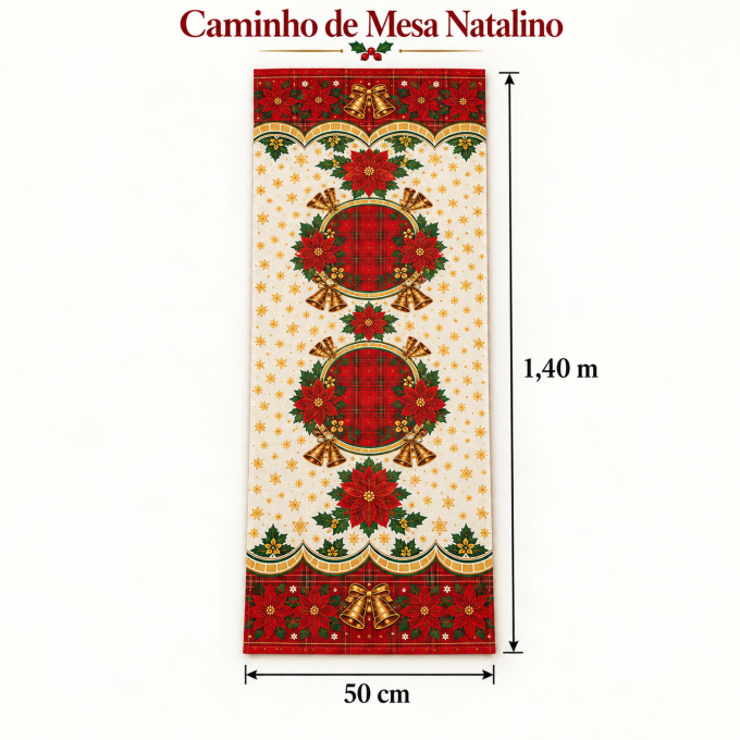 Caminho de Mesa Natalino 1,40m x 50cm Papai Noel Xadrez Decoração de Natal - Sinos Encantados