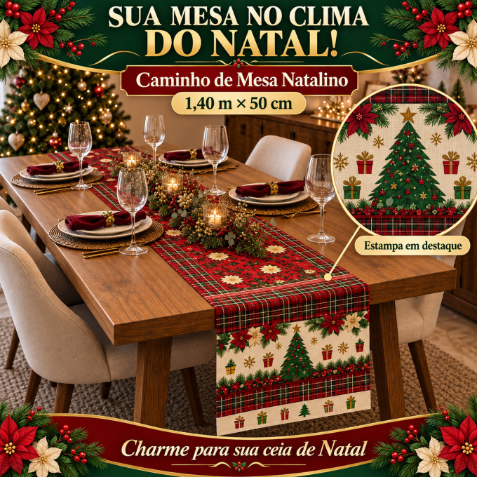 Caminho de Mesa Natalino 1,40m x 50cm Papai Noel Xadrez Decoração de Natal - Tradição de Natal