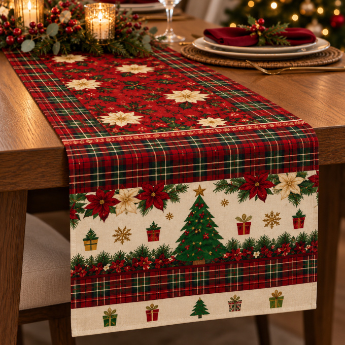 Caminho de Mesa Natalino 1,40m x 50cm Papai Noel Xadrez Decoração de Natal - Tradição de Natal