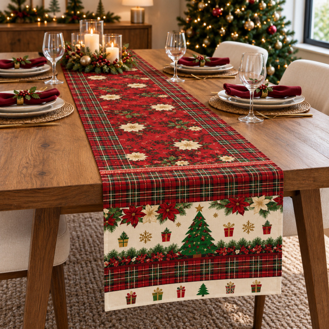 Caminho de Mesa Natalino 1,40m x 50cm Papai Noel Xadrez Decoração de Natal - Tradição de Natal
