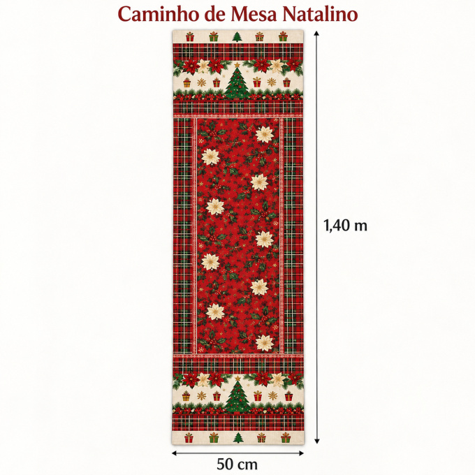 Caminho de Mesa Natalino 1,40m x 50cm Papai Noel Xadrez Decoração de Natal - Tradição de Natal