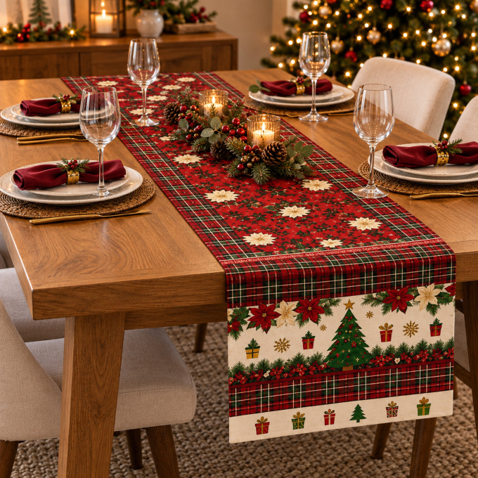Caminho de Mesa Natalino 1,40m x 50cm Papai Noel Xadrez Decoração de Natal - Tradição de Natal