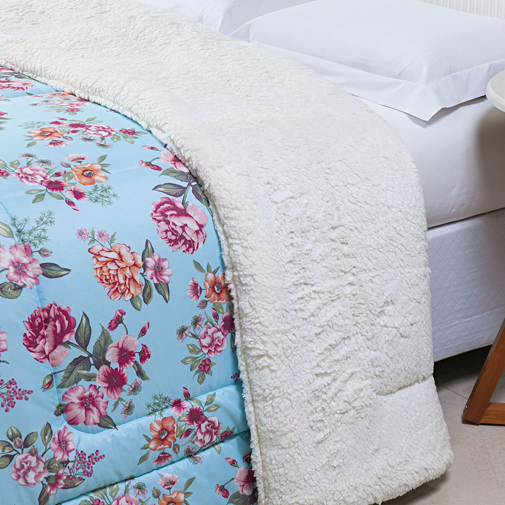 Coberdrom King Amélia Sherpa Dupla Face Estampado Azul Floral
