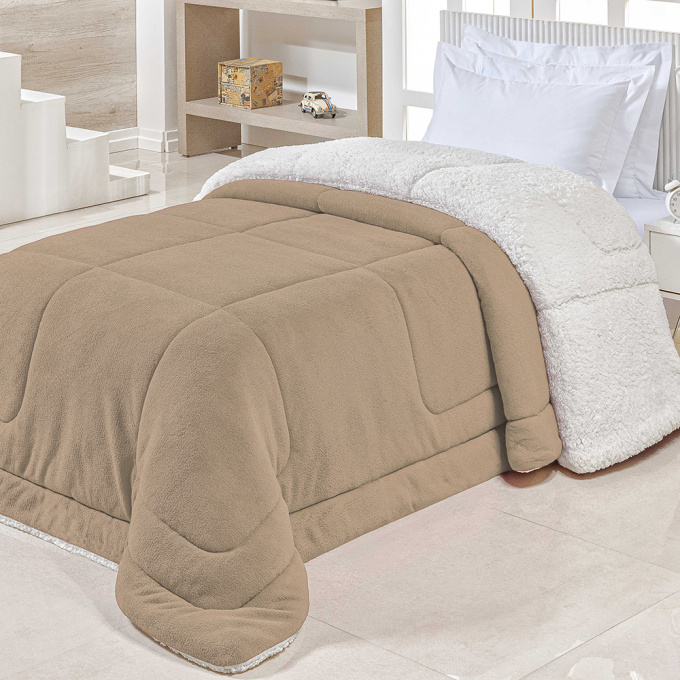 Coberdrom Solteiro Dupla Face Sherpa / Manta Soft Caqui