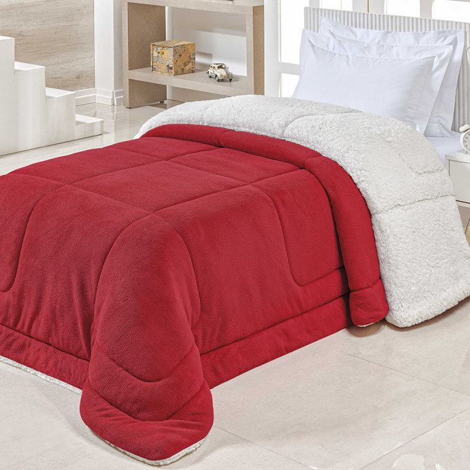 Coberdrom Solteiro Dupla Face em Sherpa e Manta Soft 1,60m x 2,40m - Conforto Premium o Ano Todo Vermelho