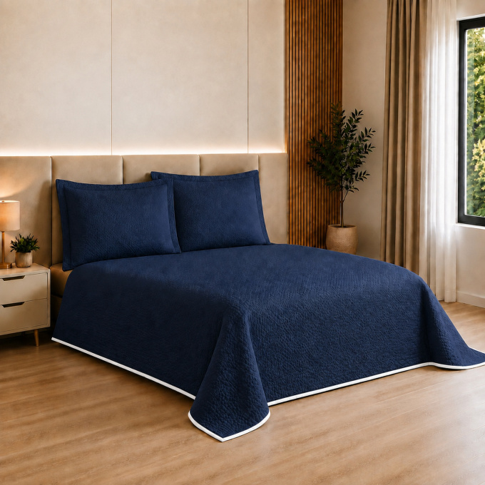 Cobre-Leito Piquet 70% Algodão com Porta-Travesseiro Casal Azul Marinho