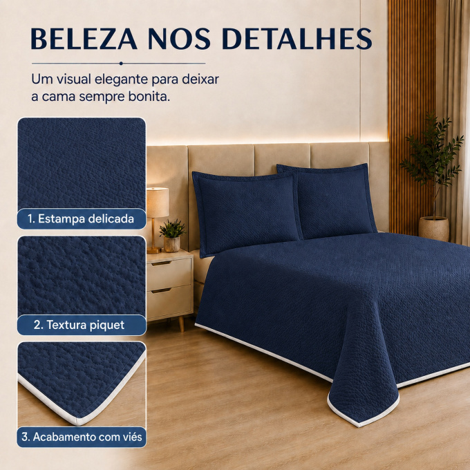 Cobre-Leito Piquet 70% Algodão com Porta-Travesseiro Casal Azul Marinho