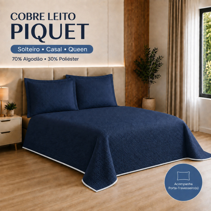 Cobre-Leito Piquet 70% Algodão com Porta-Travesseiro Casal Azul Marinho