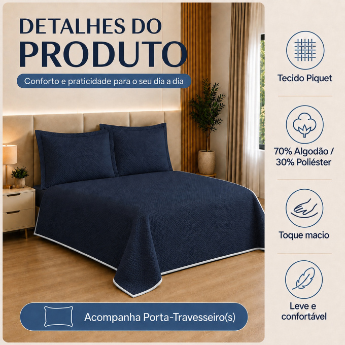 Cobre-Leito Piquet 70% Algodão com Porta-Travesseiro Casal Azul Marinho