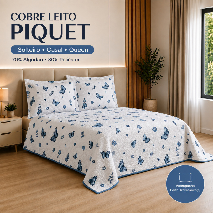 Cobre-Leito Piquet 70% Algodão com Porta-Travesseiro Casal Borboleta