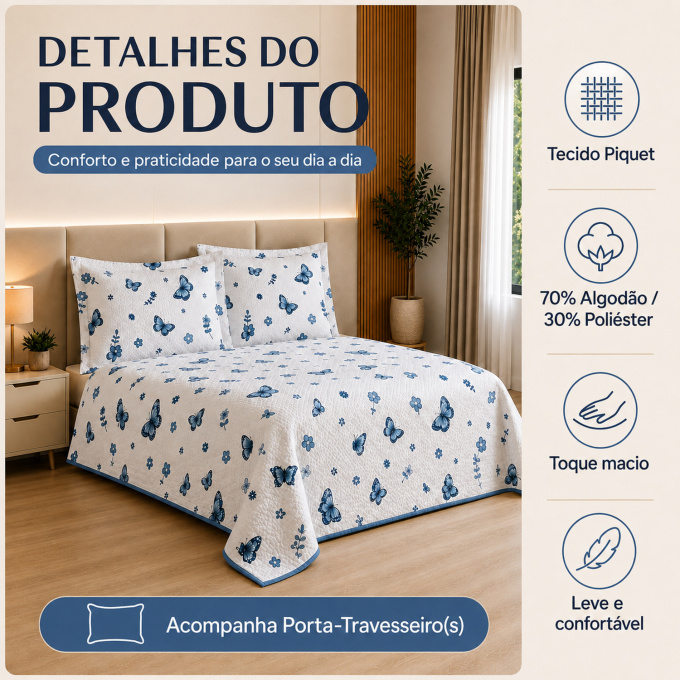 Cobre-Leito Piquet 70% Algodão com Porta-Travesseiro Casal Borboleta